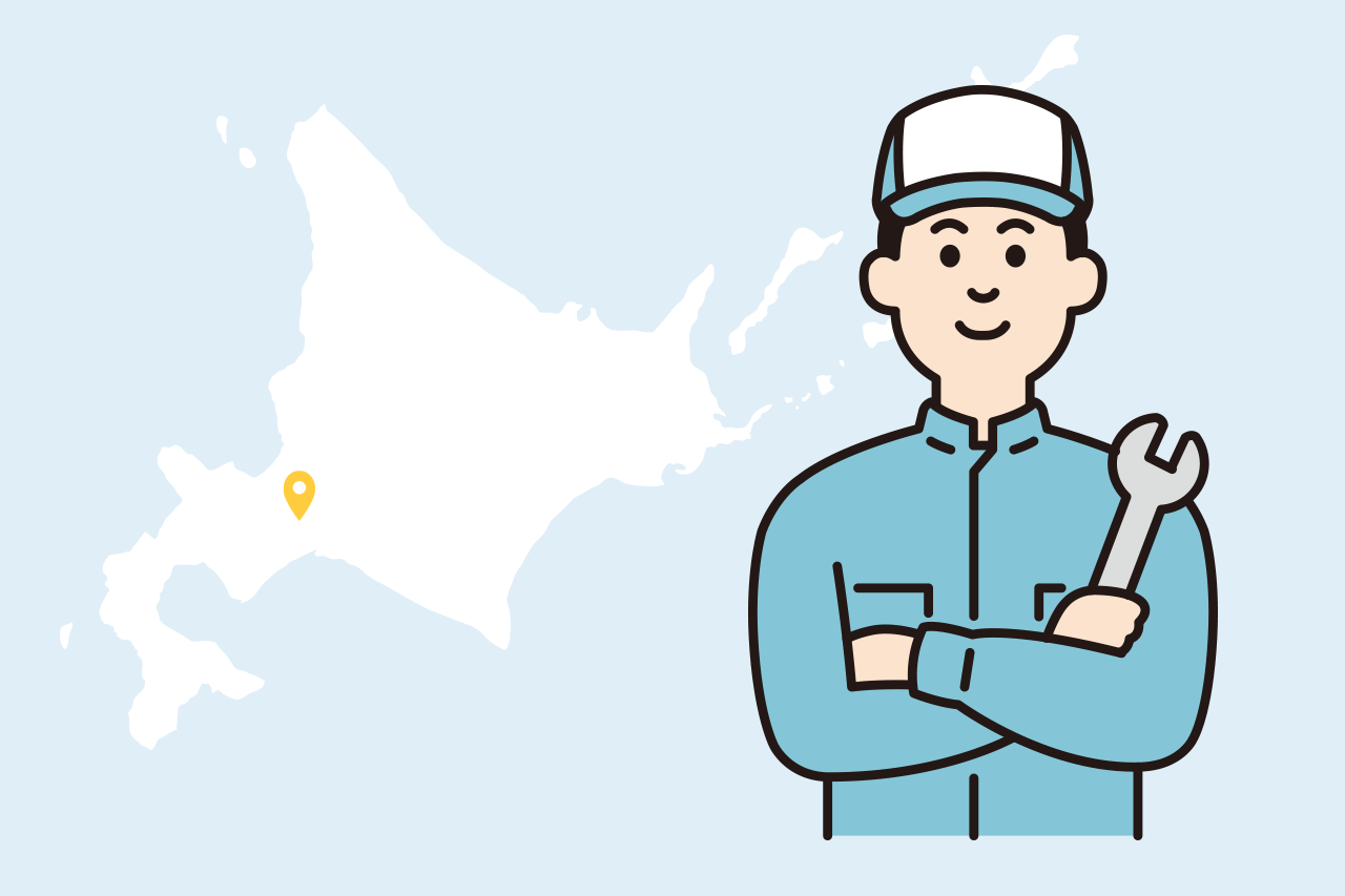 北海道の地図背景と整備士のイラスト