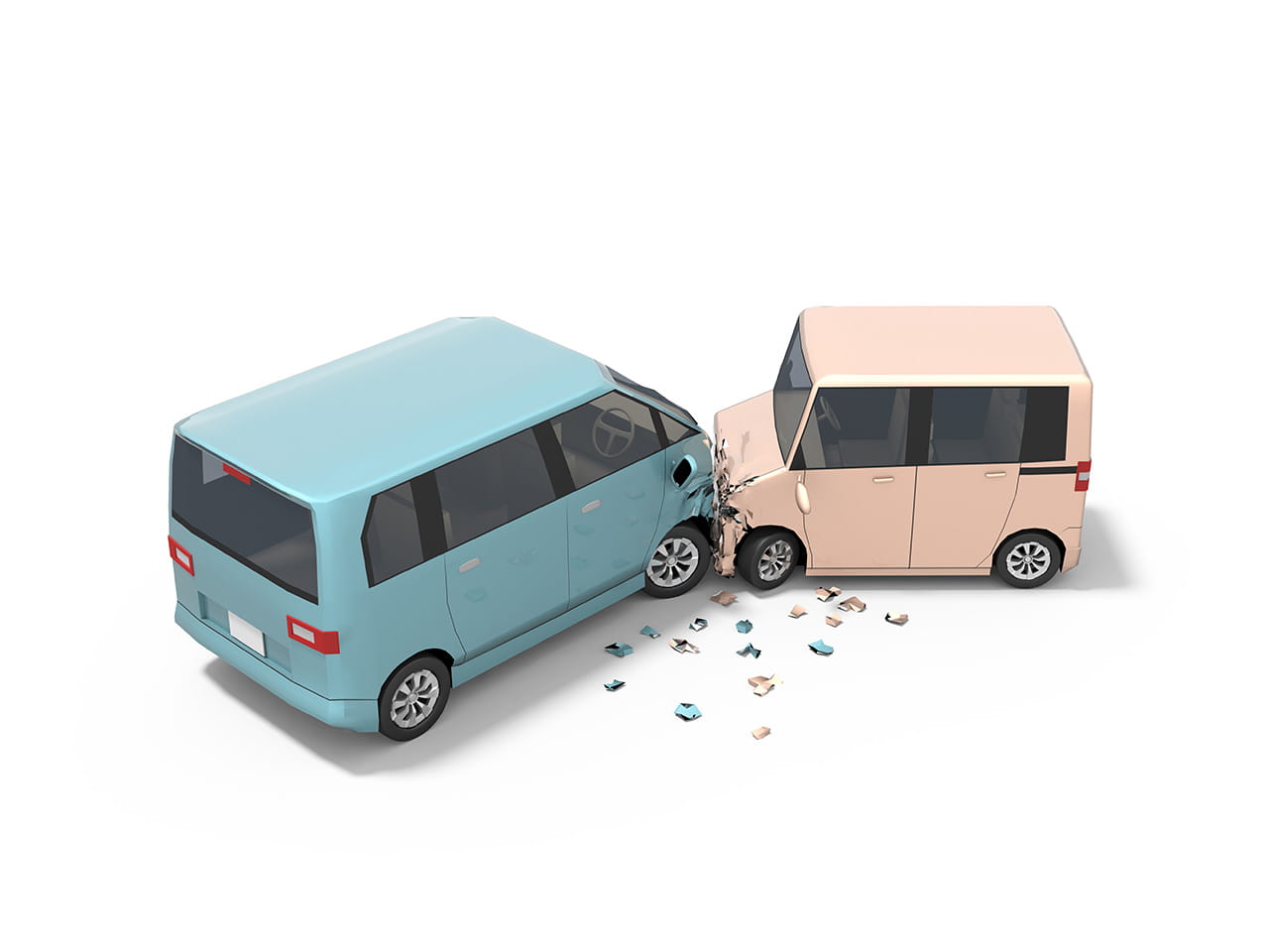 水色とピンク色の車が自動車事故の様子